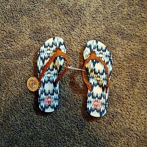 SO Blue patterned flip flops with leather straps